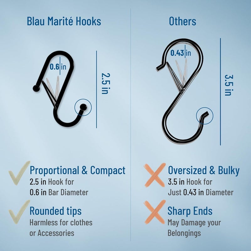 Blau Marité 10-Pack Metal S Hooks for Hanging – Heavy-Duty S-Shaped Hook with Safety Buckle – Fits Bars up to 0.6 in – Anti-Drop Hooks for Kitchen, Pot Racks & Towel Bars – Black (Small) - Image 5